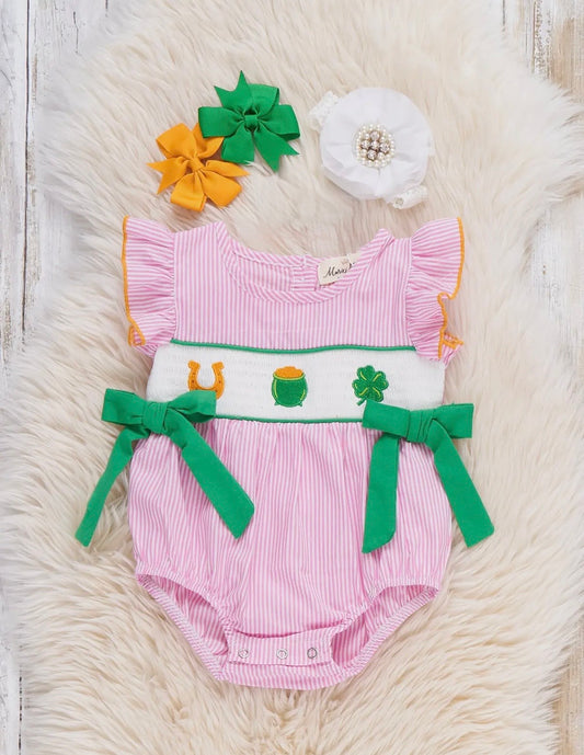 Pink Seersucker St. Patrick’s Smocked Bubble Romper