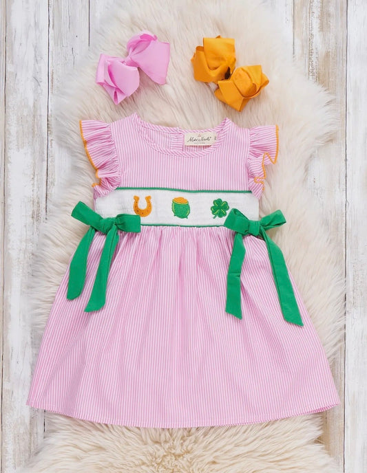 Pink Seersucker St. Patrick’s Smocked Dress