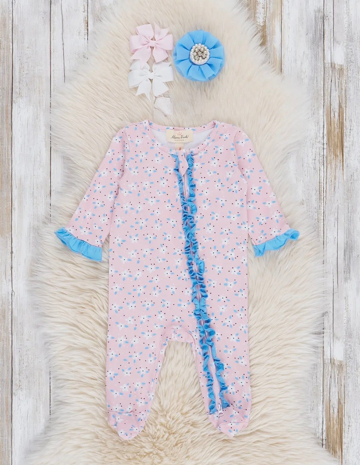Pink Floral Ruffle Zip Footie