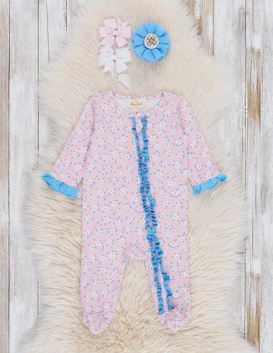 Pink Floral Ruffle Zip Footie